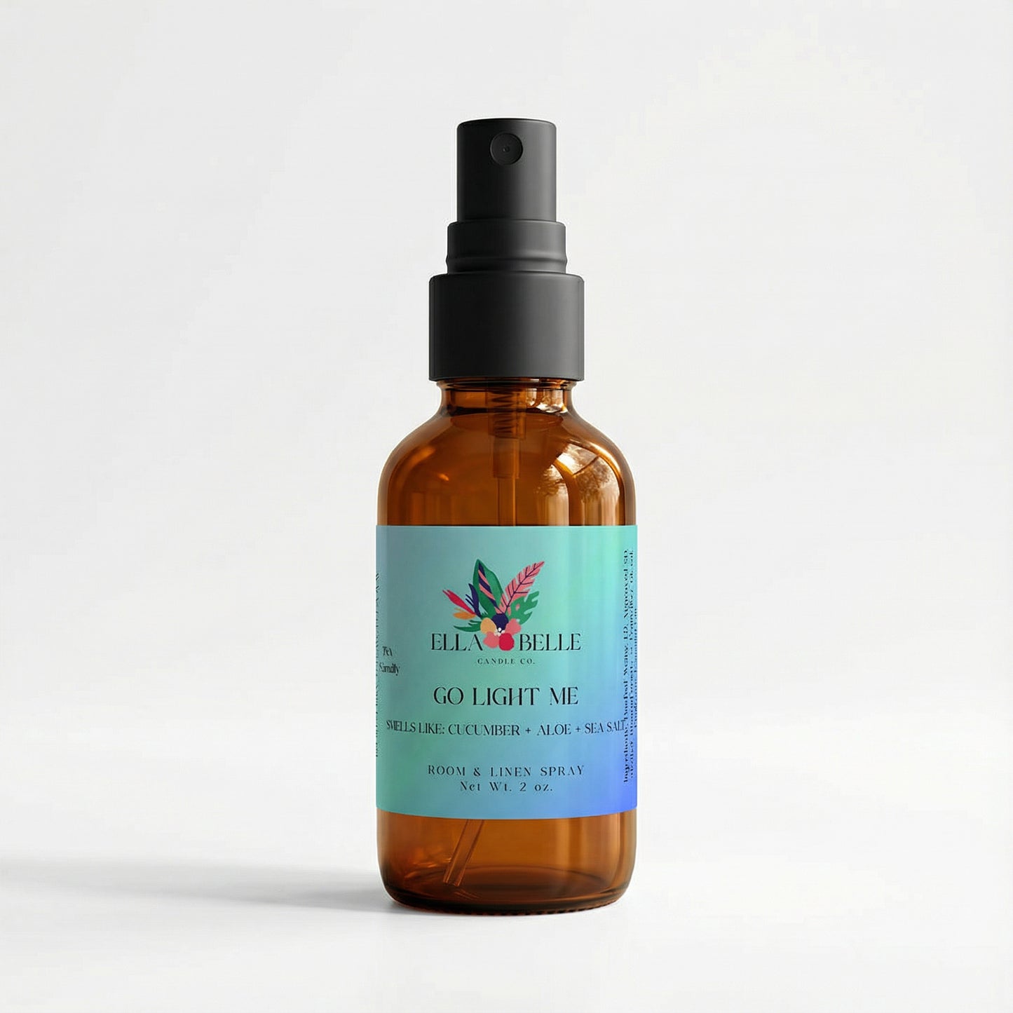 Brown spray bottle with a aqua blue label on a white background