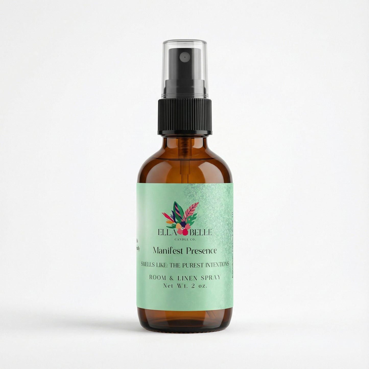 Brown spray bottle with a green label on a white background