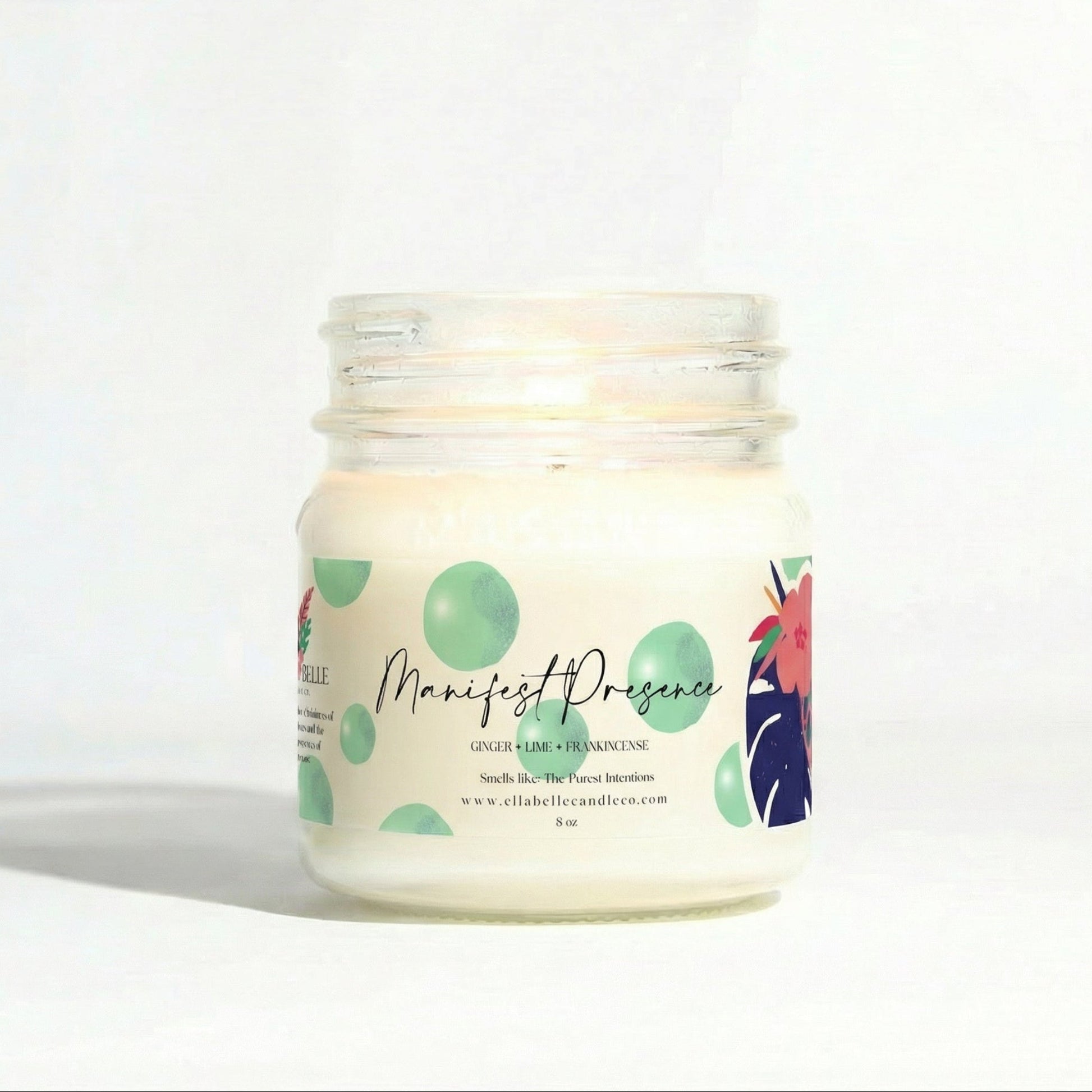 Candle jar with a colorful label on a white background