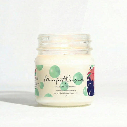Candle jar with a colorful label on a white background