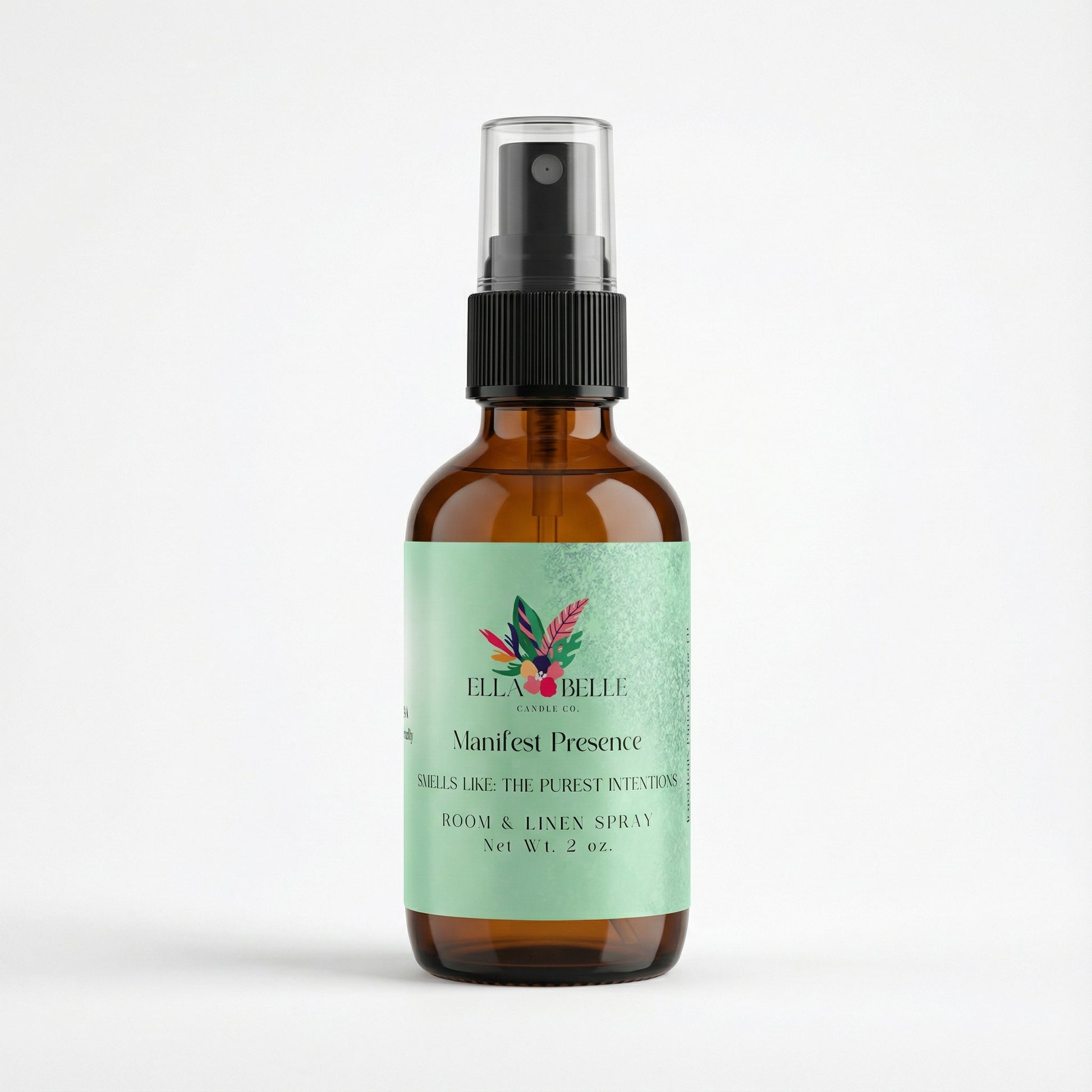 Brown spray bottle with a green label on a white background